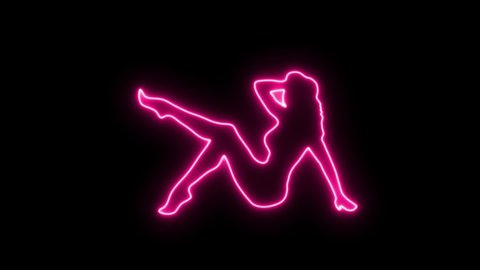 Pink neon lady silhouette sign animated overlay on black