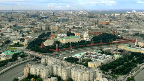 Spectacular aerial view of the Moscow Kremlin, the Moskva river embankment and surrounding streets of Moscow centre. Russia