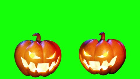 Illuminated carved spooky Halloween pumpkins 3d motion looping on green screen and alpha channel in the end section.