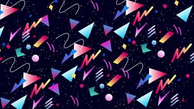 Retro abstract 80's 90's design pattern background. Neon style with geometrical shapes of different vintage colors. Seamless loop 4k pop art design. - Powered by Shutterstock - Get 15% off with code: PIKWIZARD15