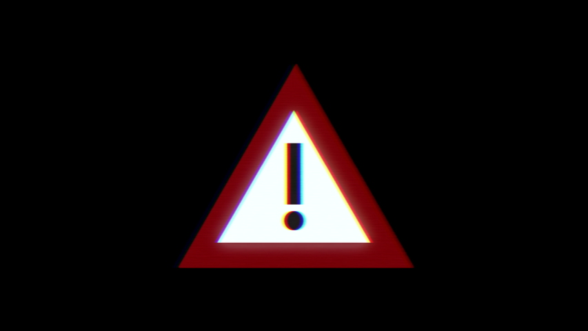 Attention sign with digital glitch effect.  Warning caution board