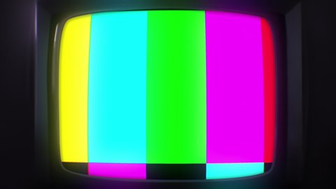 Bad or no signal TV display animation. Damaged flicker and glitch. Television test pattern. Color interference and distortion. SMPTE color bars. Technical issues or problems. Static noise 4K effect