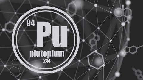 Plutonium chemical element. Sign with atomic number and atomic weight. Chemical element of periodic table. Molecule and communication background. Connected lines with dots.