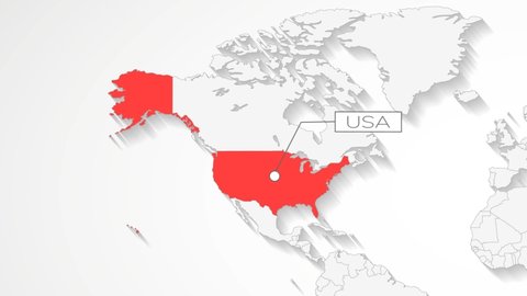 4k USA map highlighted in the world map in red color and label of the USA text in 3d style, United States of America animated map in world map with neighboring countries in gray color. 