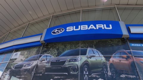 Kyiv, Ukraine - August 15, 2020: Logo sign of Subaru car dealer at store at Kyiv, Ukraine on August 15, 2020