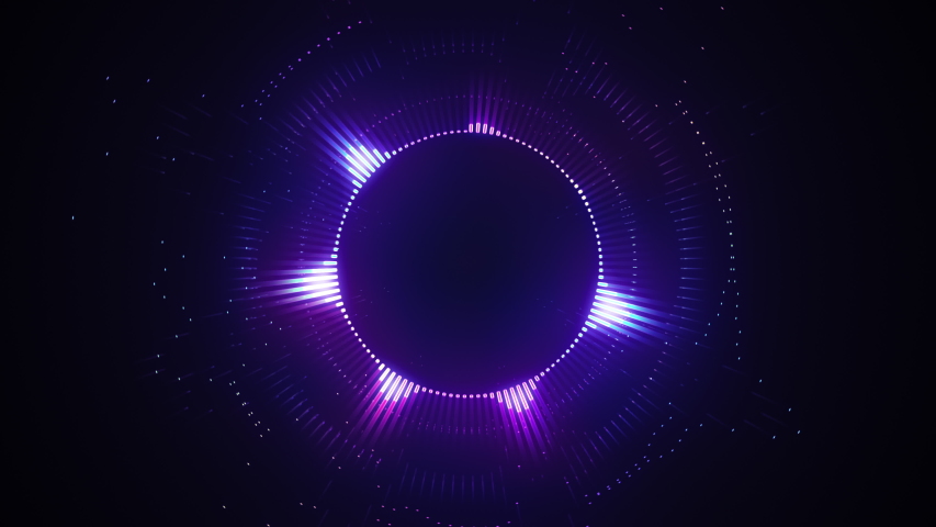 Bright glowing radial or circular equalizer animation. Visualization of recording and playback of sound, voice, music. Audio waveform with flowing dotts. Technological 4K loop in neon purple colors Royalty-Free Stock Footage #1057510804
