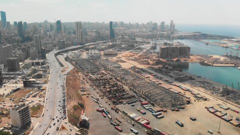 Drone shots of Beirut Port and surrounding areas showing the damage caused by massive explosion.