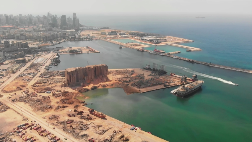 Drone shots of Beirut Port and surrounding areas showing the damage caused by massive explosion. Royalty-Free Stock Footage #1057514677