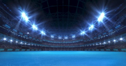 Sport stadium video background with blue surface playground, flashing lights and cheering crowd. Glowing stadium lights in 4k loop animation.