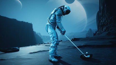 An astronaut explorer is playing Golf on a beautiful alien planet. Animation for fantasy, futuristic or space travel backgrounds.