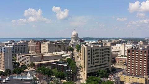Aerial view of Madison skyline with blue sky. Capital city of Wisconsin