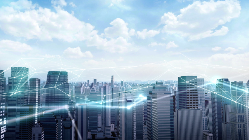 Business and communnication network on city background. Localization icons in a connected futuristic city. internet of things. Data communication, technology concept, artificial intelligence, digital  | Shutterstock HD Video #1057521691
