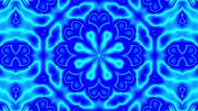 Patterns of blue rotating kaleidoscopes on a black background. Abstract motion graphics. Fractal animation. Beautiful bright ornament. Endless cycle