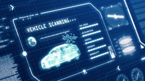 HUD driving vehicle car specification scanning user interface computer screen display with pixels background. Blue abstract hologram holographic technology concept. Sci-fi. 4K motion graphic footage