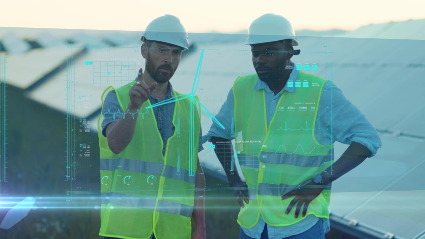 Future Engineering. Diverse Group of Specialists Checking Virtual Reality Efficiency Data Software System of Operating Solar Batteries on the Station. Solar Farm. Alternative Energy. Technology