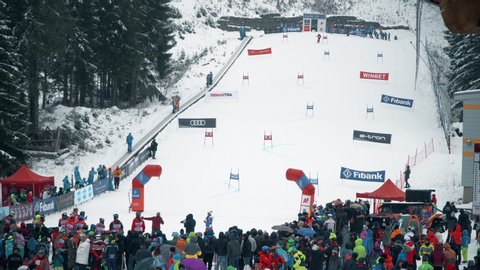 Bansko, Bulgaria - 14 Dec, 2019: Ski race and performance at opening of new ski season in Bansko, Bulgaria.