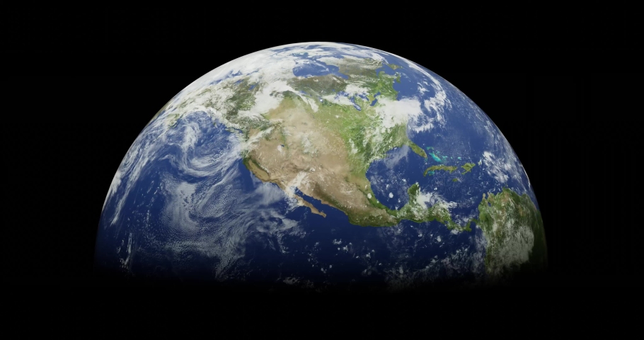 Planet earth from space in front view. Realistic world globe spinning slowly animation. Camera over North America. Half of planet Earth is in the darkness Royalty-Free Stock Footage #1057532398