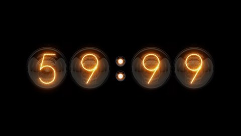 Countdown 60 seconds. Countdown 1 minute. Countdown milliseconds. Nixie tube indicator countdown. Gas discharge indicators and lamps. 3D. 3D Rendering
