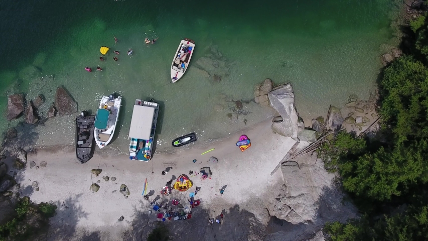 Aerial of boating on Lake Jocassee in upstate South Carolina on summer day for recreation. . High quality 4k footage