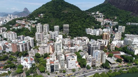 Panorama landscape of Rodrigo de Freitas Lagoon, Rio de Janeiro, Brazil.  Vacation travel. Travel destination. Tropical vacation. Aerial view of cityscape, Rio de Janeiro. Seaside Beach City Life.  