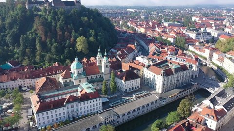 View from drone of residential areas of Slovenian city of Ljubljana in sunny day