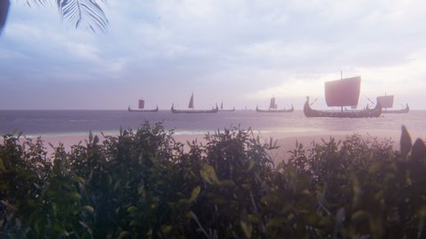 Viking warships sail past a beautiful lost tropical island. Concept on the theme of the Vikings and the early middle ages.
