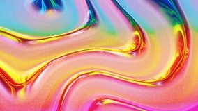 Looped abstract background. Beautiful iridescent wavy surface of liquid with pattern, gradient color and flow waves on it. Rainbow glossy and matt fluid. Creative bright bg with soft smooth animation.