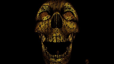 elegant animation gold metal skulls with shiny embroidery pattern. Hypnotic halloween dark background with black and gold texture and gemstones.
