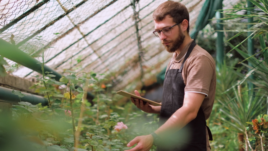Young man gardener in glasses and apron with digital tablet working in a garden center for better quality control. Environmentalist using digital tablet in greenhouse. Royalty-Free Stock Footage #1057559158
