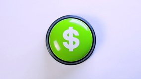 Business person pushing green glossy money button with dollar sign. Press button to earn big bucks. 4K video for payment system, financial institution, stock market, digital wallet, crediting, banks