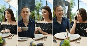 collage of portraits of young people sitting at a table in a restaurant, different emotions and funny behaviors. Creation of funny youth content on social networks