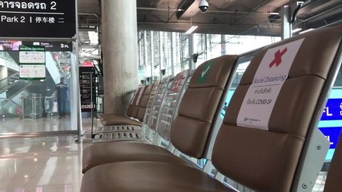 Samutprakan,Thailand,28 June 2020,Empty departure hall of Suvarnabhumi airport during Covid-19 situation. One of biggest airport without tourist people before end lockdown government announcement.