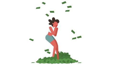 Stick Figure Color Pictogram Woman Character Happily Jumping Under the Money Rain Cartoon Animation. Luma Matte