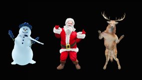 Merry christmas and happy new year, 3d rendering, Snowman, Deer,  santa claus Dancing, Animation Loop  composition 3d mapping cartoon, Included in the end of the clip with Alpha matte.