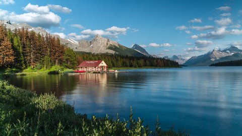 Jasper National Park, Alberta, Canada, timelapse view of Maligne Lake and historical boathouse during summer. 