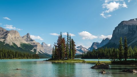 Jasper National Park, Alberta, Canada, zoom in timelapse view of iconic Spirit Island on Maligne Lake during summer. 