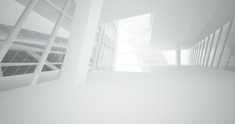 Abstract architectural background. Flying on a white minimalistic interior. Futuristic modern space. Bright neon lighting. 3D animation and rendering.