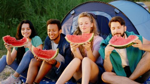 Picnic time for a group of multiracial friends eating a piece of watermelon in front of the camera smiling large. 4k