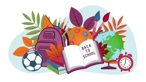 Back to School, flat animation 4K with books, globe, pencils, ball, clock and leaves, motion graphics - Powered by Shutterstock - Get 15% off with code: PIKWIZARD15
