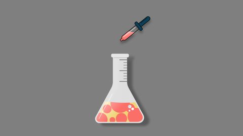 Chemical flask and pipette, titration reaction. Animated Chemistry Icon. 