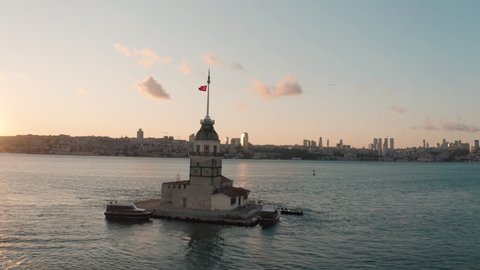 Aerial view of Maiden's Tower and Istanbul Bosphorus. 4K Footage in Turkey