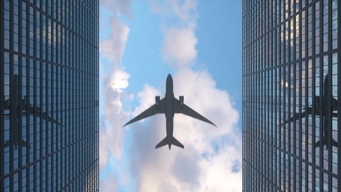 Airplane flies over office skyscrapers against a beautiful blue clouds, 4k
