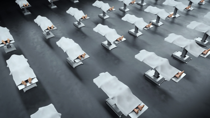 Multiple dead bodies in warehouse depot, many corpses covered with white cloth waiting for mass dissection or funeral inside big hall. Tileable animation. | Shutterstock HD Video #1057584277