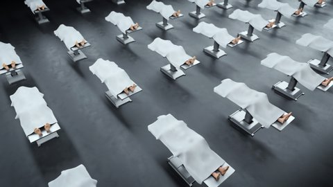 Multiple dead bodies in warehouse depot, many corpses covered with white cloth waiting for mass dissection or funeral inside big hall. Tileable animation.