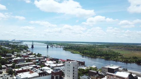 An aerial view of the downtown Wilmington, NC, riverfront.