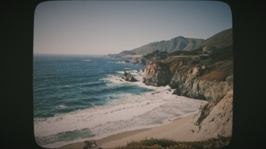 View of a beautiful Big Sur area from Highway One in California. Vintage Film Look. Royalty-Free Stock Footage #1057586173