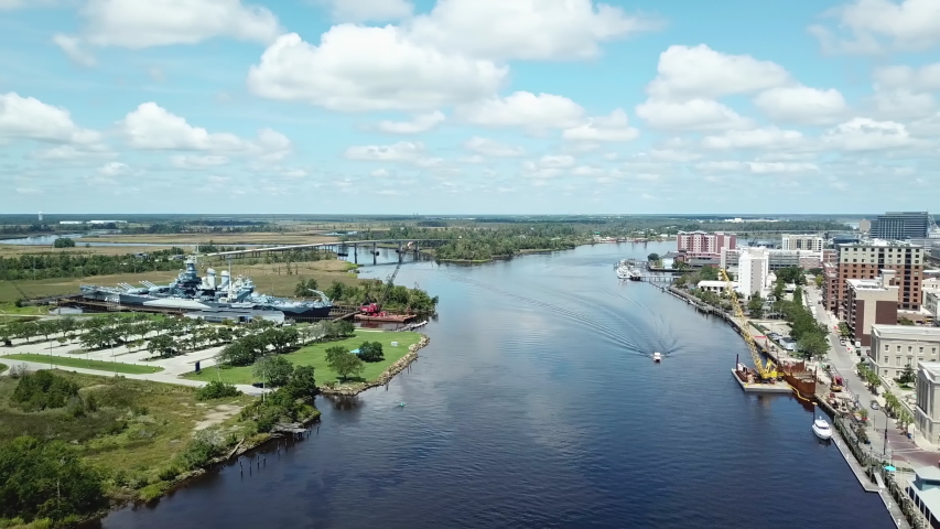 An aerial view of the riverfront in downtown Wilmington, NC, USA.