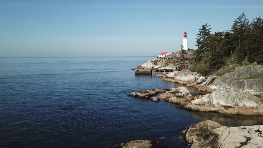 Aerial view of Lighthouse and shore at Lighthouse Park in West Vancouver, BC, Canada.