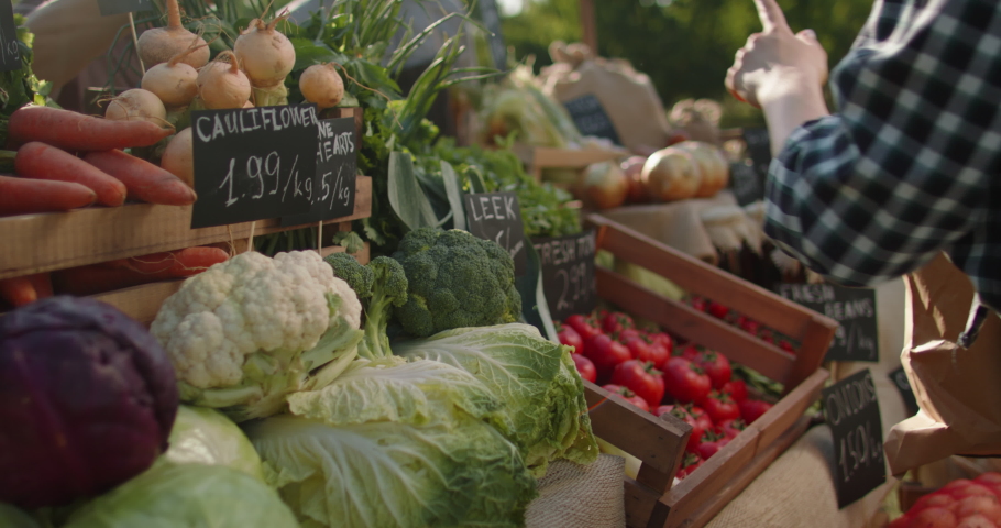 Customers shopping at stall near farm. Women picking up groceries at farmers market, buying healthy fresh fruits and vegetables - agriculture, healthy food 4k footage Royalty-Free Stock Footage #1057592944