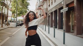 Black woman dancer on street, african american woman dancing hip-hop, outdoor training dance, happy student, palms alley, latin contemporary moves, social media blogger